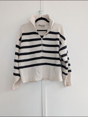 Everlane Striped Half-Zip Ribbed Sweater — Cream & Black